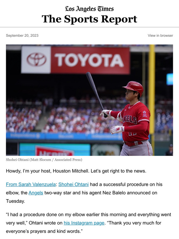 Los Angeles Times The Sports Report Shohei Ohtani Has Elbow Surgery