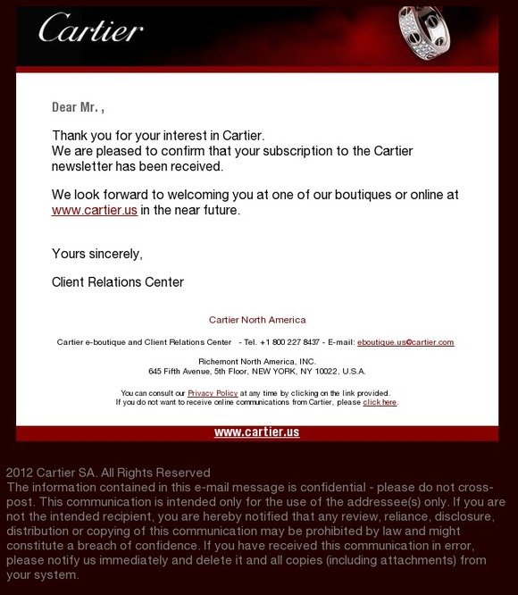 Confirmation of Cartier Newsletter 