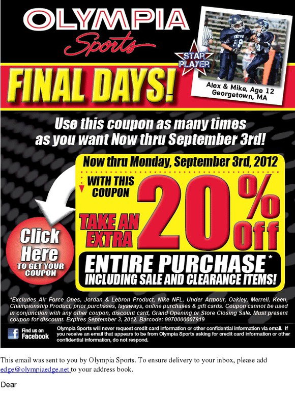 Olympia Sports: Final Days! 20% Off Entire Purchase* Coupon! | Milled