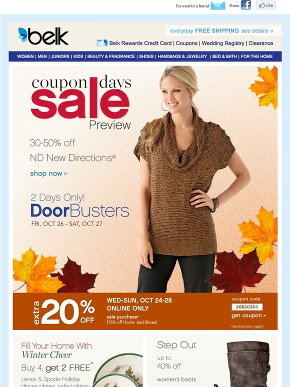 Belk Extra 20 Off + DoorBusters Belk Coupon Days Sale Milled