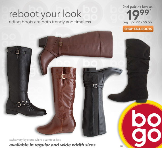 Riding boots are both trendy and timeless and are available in both regular and wide with sizes.