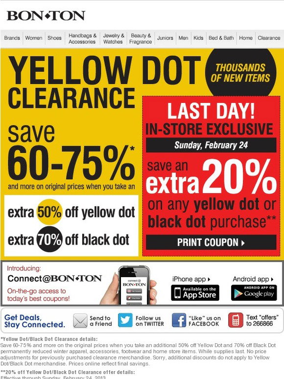 Bonton: HURRY! Extra 20% off Yellow Dot Clearance COUPON ends today ...
