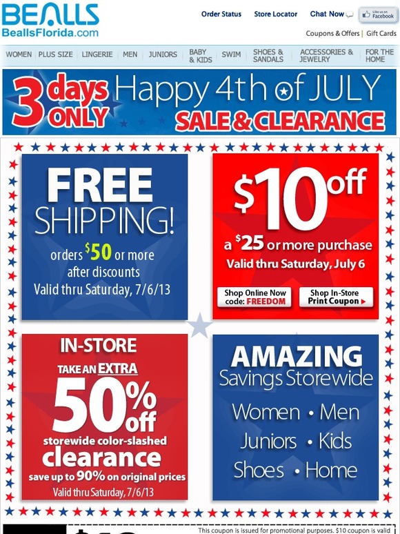 Bealls Stores Get 10 off 25 Extra 50 off Clearance + Free