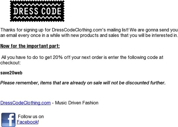 20% Off at DressCodeClothing.com, Thanks for Subscribing!