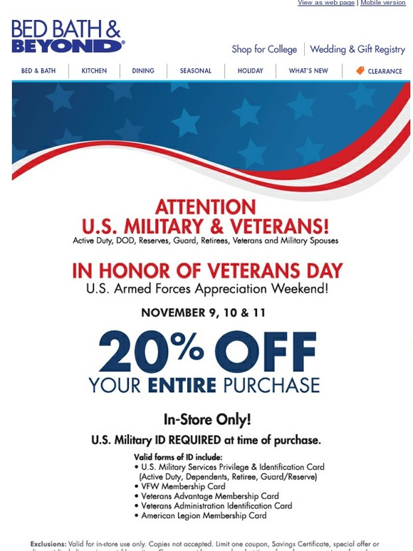 Bed Bath & Beyond U.S. Military & Veterans 20 Off ENTIRE Purchase