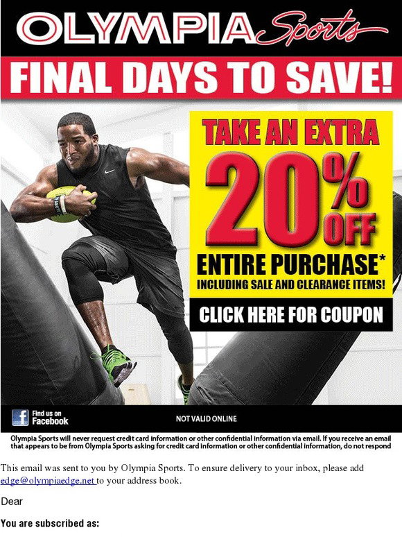 Olympia Sports: Hurry In... Final Days! 20% Off Entire Purchase Coupon! | Milled