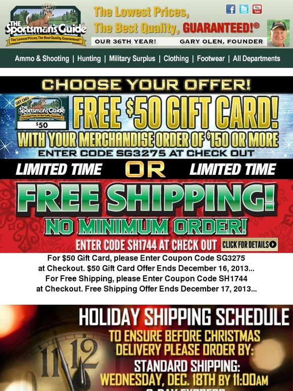 Sportsman's Guide Get a 50 Gift Card *or* Free Standard Shipping