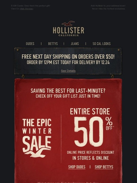 Hollister: Free Next Day Shipping \u0026 50 