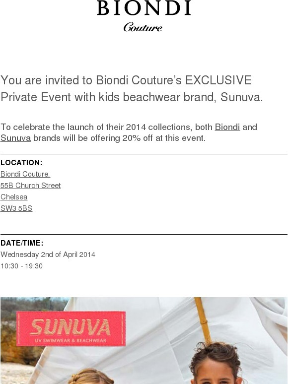 20% off Biondi & Sunuva 2014 Collections for 24 Hours Only