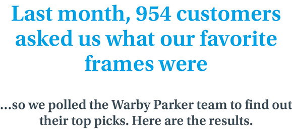 Last month, 954 customers asked us what our favorite frames were... so we polled the Warby Parker team to find our their top picks. Here are the results.