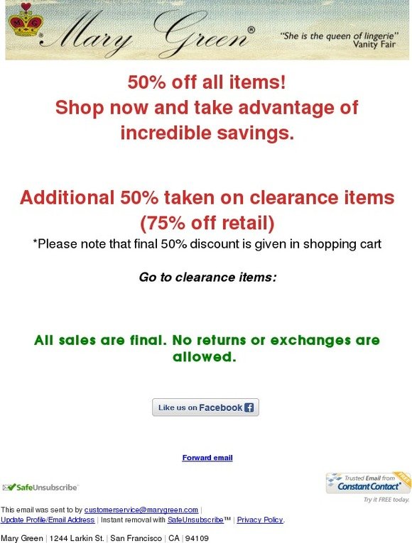 Savings of 75% on clearance items!