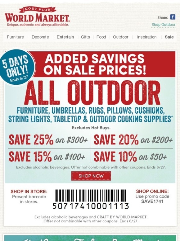 Cost Plus World Market 5 days only Coupon for extra savings on