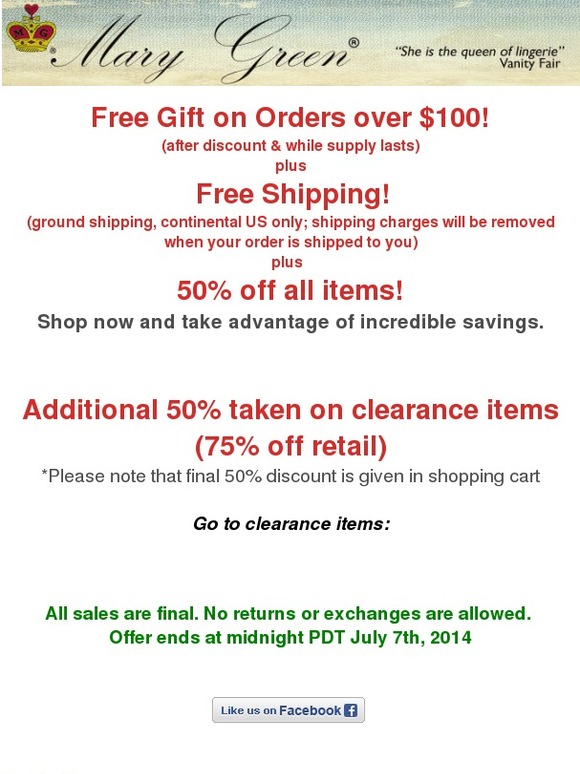 Free Gift (orders over $100) + Free shipping + 50% off all orders.