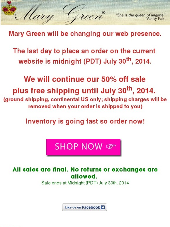 Last day to order July 30: 50% off entire site