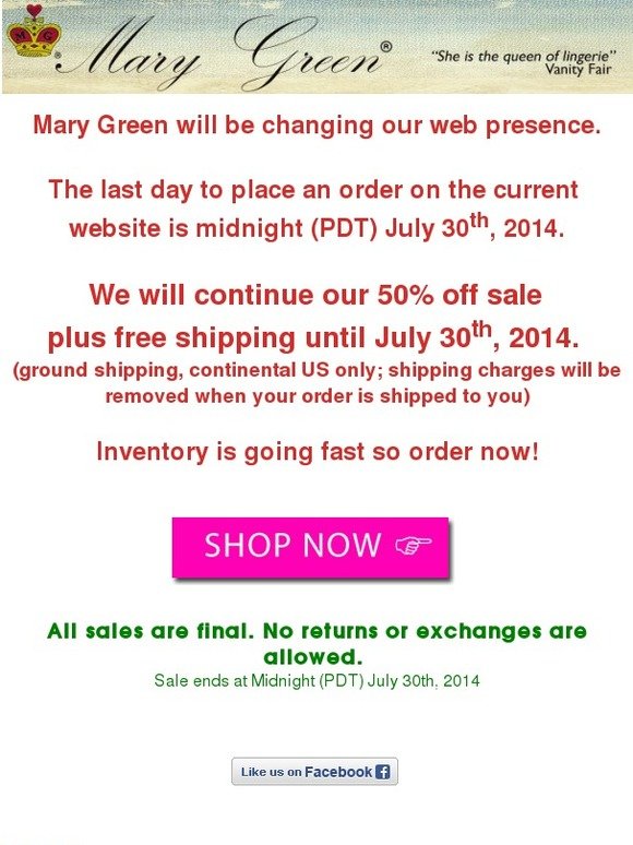 Last day to order July 30: 50% off entire site + free shipping continental US