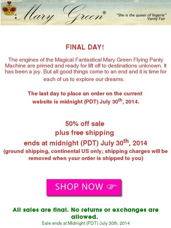 Last Chance to Order at Mary Green: 50% off Sale Ends at Midnight (PDT)