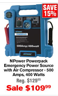 NPower Powerpack Emergency Power Source with Air Compressor - 500 Amps, 400 Watts  | Buy Item # 457402 $109.99