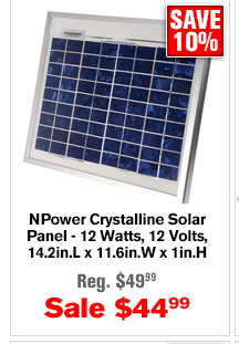 NPower Crystalline Solar Panel - 12 Watts, 12 Volts, 14.2in.L x 11.6in.W x 1in.H | Buy Item# 24954 $44.99