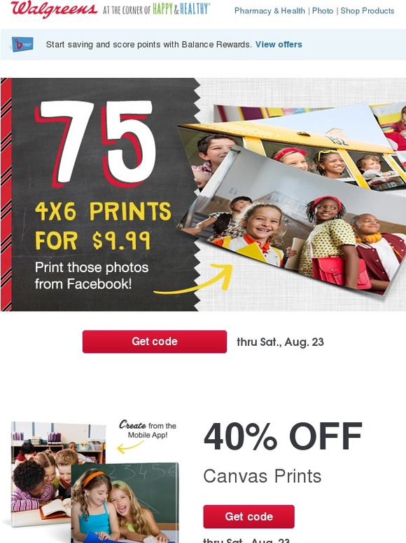 Walgreens 75 4x6 Prints for 9.99 40 OFF Canvas Prints Backto