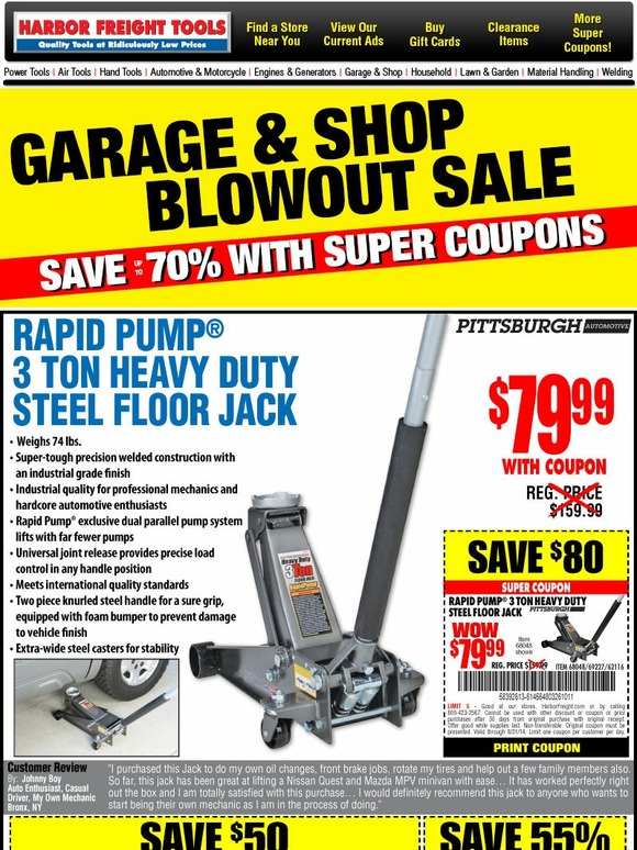 Harbor Freight Tools: Garage & Shop Blowout Sale | Save up to 70% with