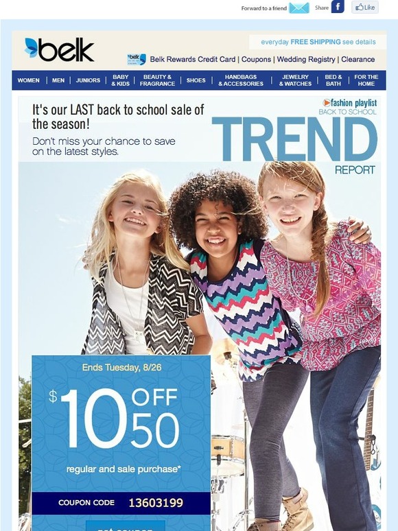 Belk Last Back to School Sale + Extra 10 off 50 Milled