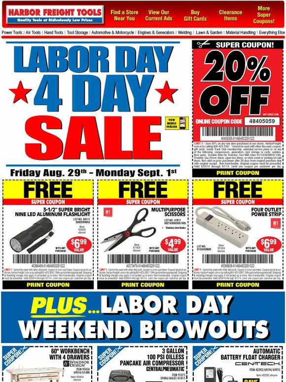 Harbor Freight Tools Huge Labor Day 4 Day Sale 20 off + Free Gifts