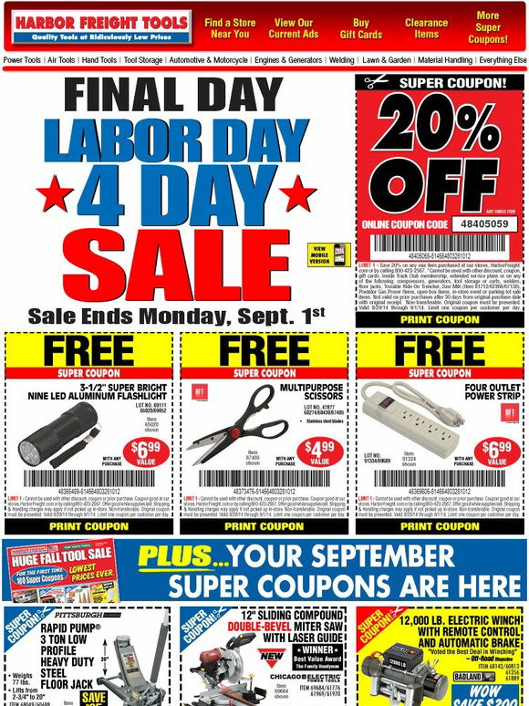 Harbor Freight Tools Final Day Labor Day Weekend Sale Ends Today
