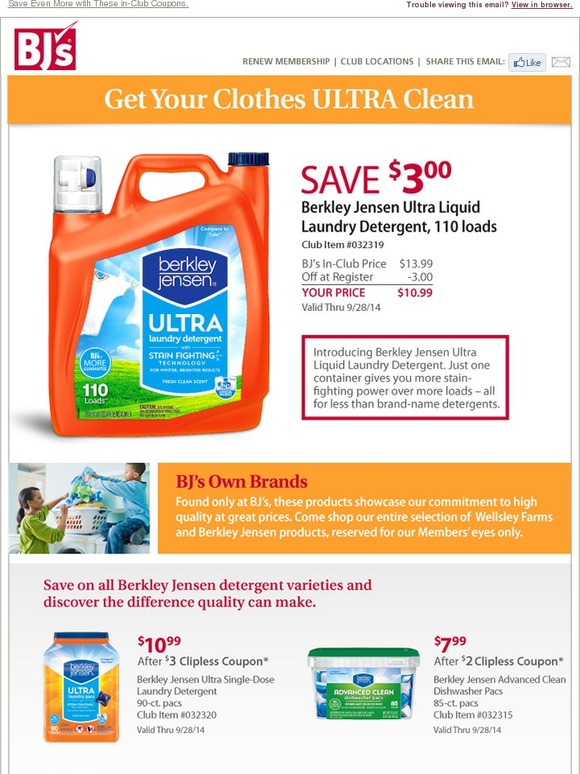 BJs Wholesale Club SAVE 3.00 on Berkley Jensen Laundry Detergent Milled