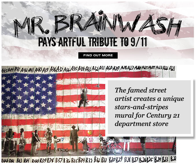 Famed Street Artist, Mr. Brainwash, creates a unique stars-and-stipes mural on the side of Century 21 Department Store.