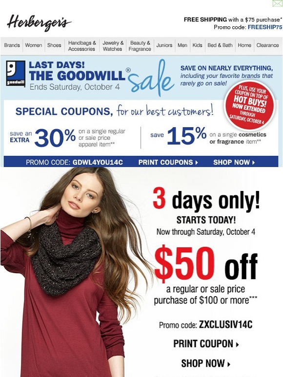 Herbergers 50 coupon inside! Plus, 30 off Goodwill Sale coupons