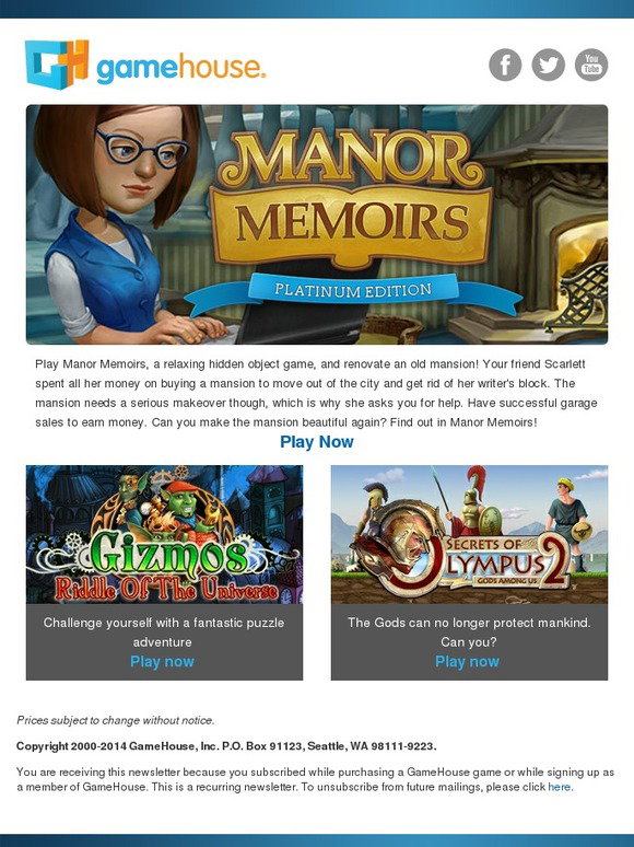 GameHouse: NEW! Manor Memoirs Platinum Edition + more! | Milled