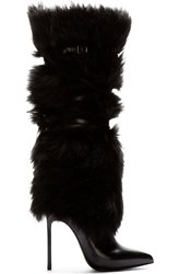 Saint Laurent Black Leather & Fur Knee-High Stiletto Paris Boot for women
