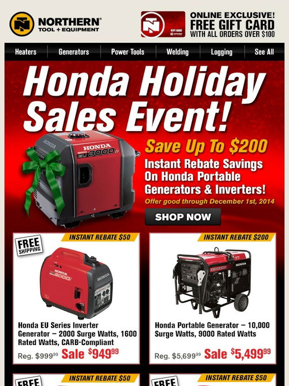 Northern Tool Honda Holiday Sales Event Up To 200 Instant Rebate