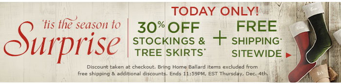 30% off stockings and tree skirts + free shipping