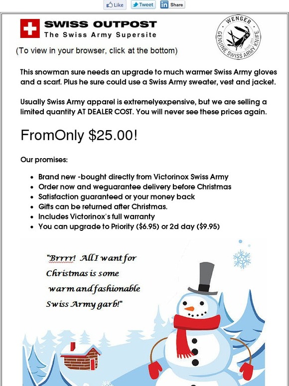Freezing Snowman Needs Warm Swiss Army Clothes