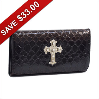 Patent Croco Embossed Checkbook Wallet with Rhinestoned Cross Accent
