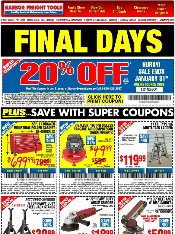 Harbor Freight Tools Final Days Your January Super Coupons Expire