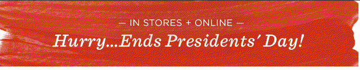 In stores + online. Hurry...Ends Presidents' Day!