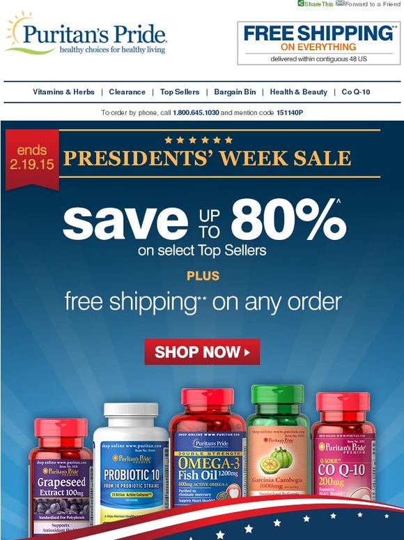 Puritan's Pride 80 OFF + FREE Shipping Presidents' Week Sale Milled