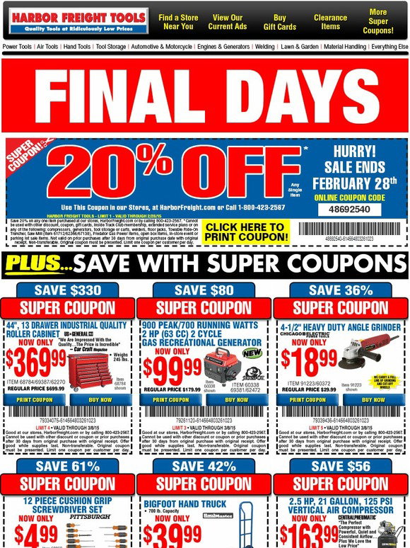 Harbor Freight Tools Final Days Your 20 off Coupon Expires This