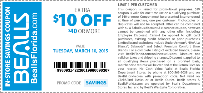 Bealls Stores: Combine & Save - $10 Off + Extra 15% Off + Extra 50% Off  Clearance, $0 Shipping - No Minimum