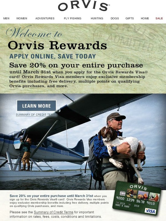 Orvis Save 20 when you apply for the Orvis Rewards Visa Card. Milled