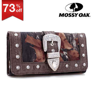 Mossy Oak ® Camouflage Tri-fold Western Buckle Wallet with Rhinestones and Croco Trim