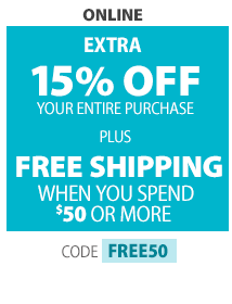 Shop online and save 15% get free shipping on orders of $50 or more with promo code FREE50