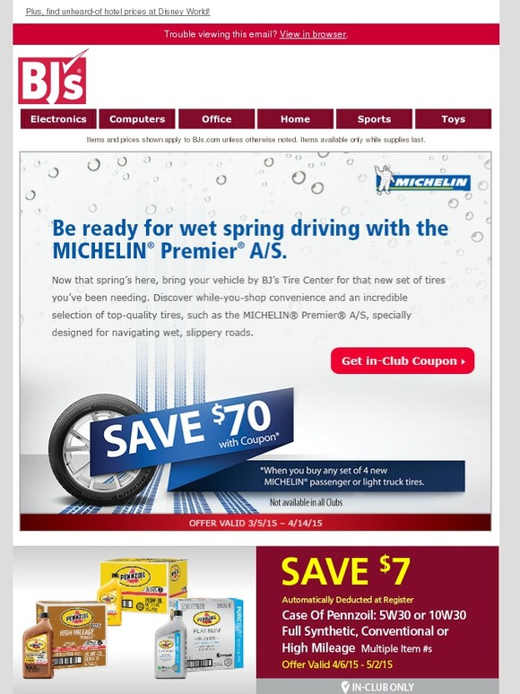 BJs Wholesale Club 70 off a new set of Michelin tires SAVE today