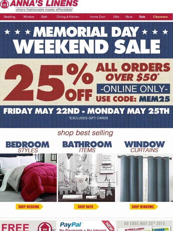 25% Off Entire Order - Memorial Day Weekend Sale