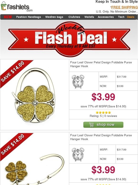 Fashlets Flash Deal - Cute & Useful Four Leaf Clover Purse Hanger Only $3.99
