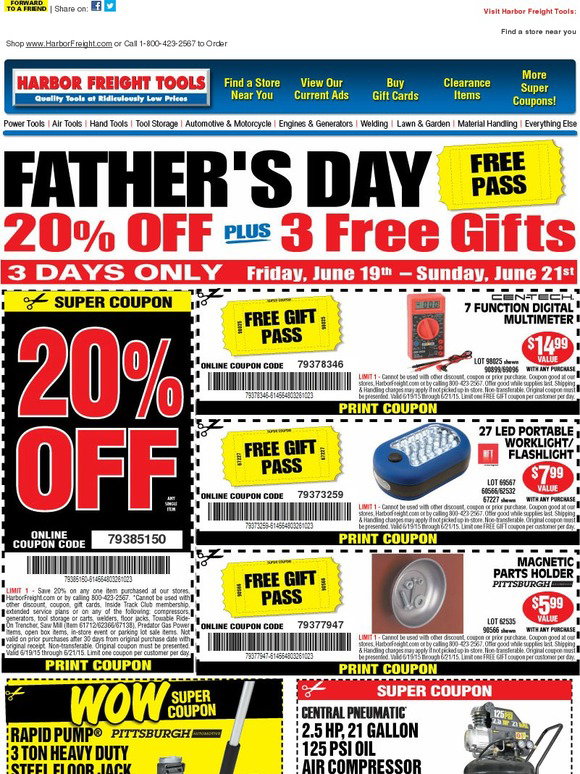 Harbor Freight Tools Father's Day Free Pass 3 Day Sale Starts Friday