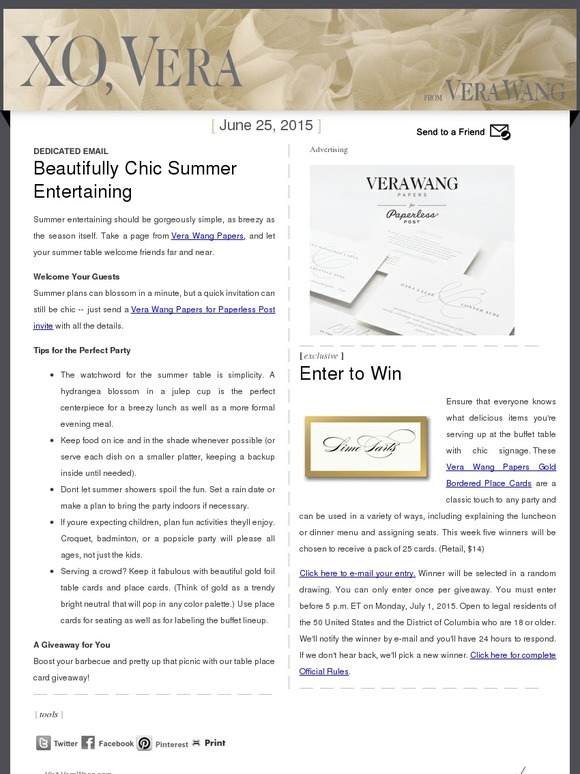 Beautifully Chic Summer Entertaining + Win Vera Wang Papers' Party Essentials Giveaway -- Dedicated Email