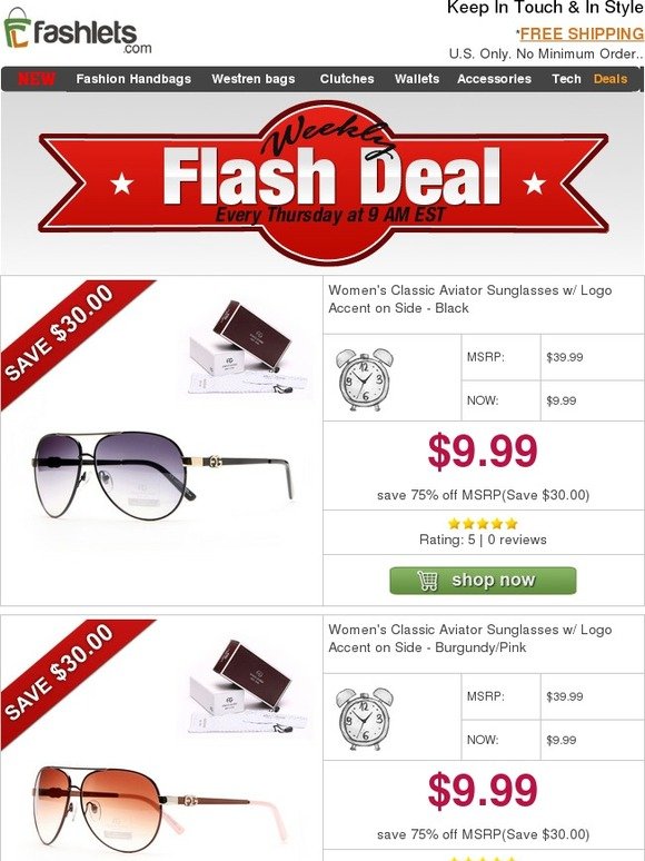 Fashlets Flash Deal - Heighten Your Appeal with Sophisticated Aviator Sunglasses Only $9.99